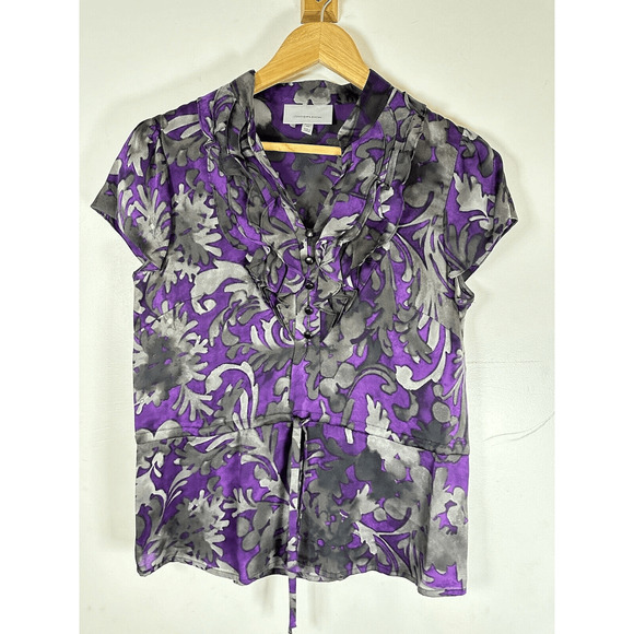 Classiques Entier Purple Grey 100% Silk Shirt Short Sleeve Ruffles Womans XS GUC - Picture 13 of 15
